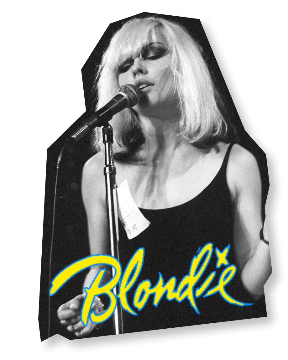 A black and white photograph of Debbie Harry from Blondie with her band's logo.