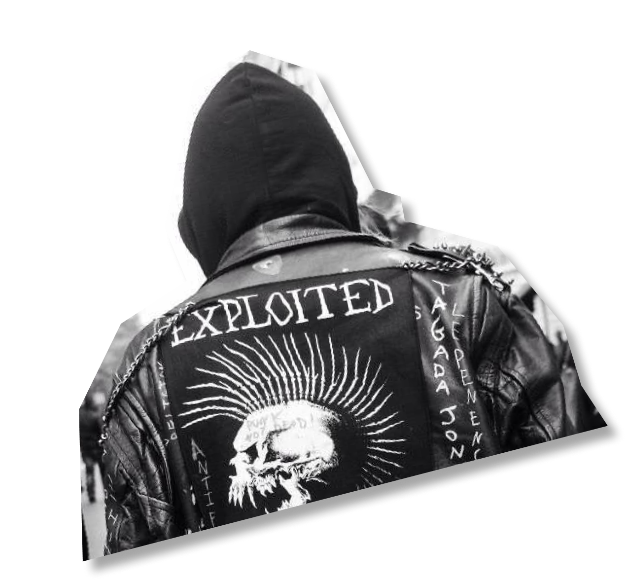 The back of a punk individual wearing a customized leather jacket with the word exploited and a skull with a mohawk.