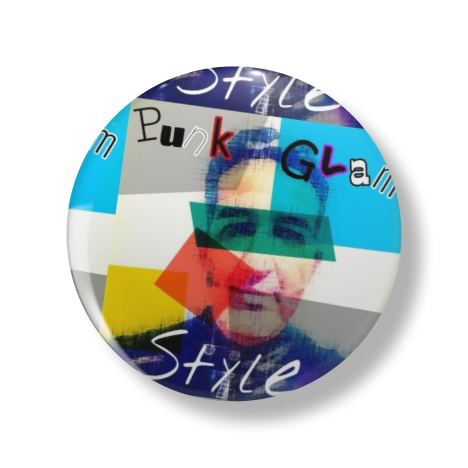 A button with multiple overlapping colors and the image of a man. It says punk glam style.