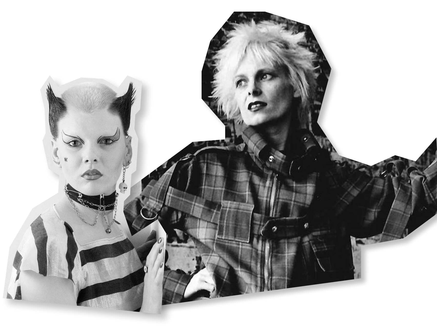 Two images of Vivienne Westwood featuring her controversial and new 1970s punk fashion sense.