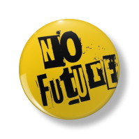 A yellow pin with the words No Future on it.
