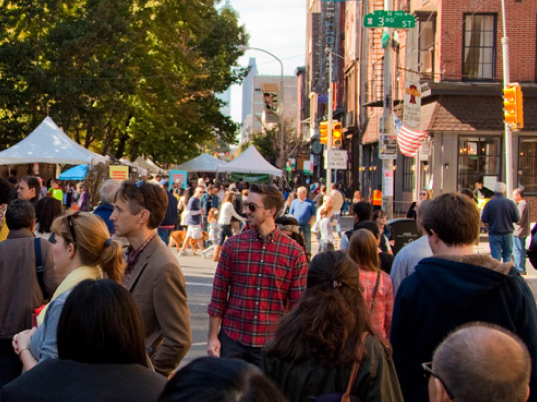 A crowd of people gathered in Old City Philadelphia.